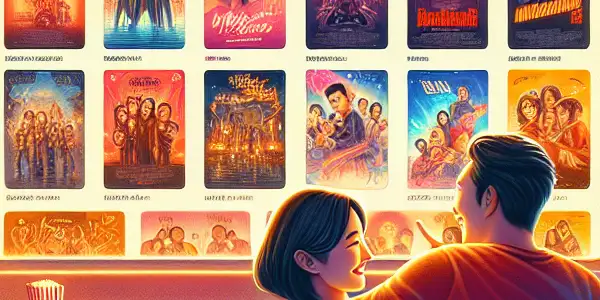 A cozy home-theater scene featuring diverse characters enjoying movies on various devices with colorful movie posters.