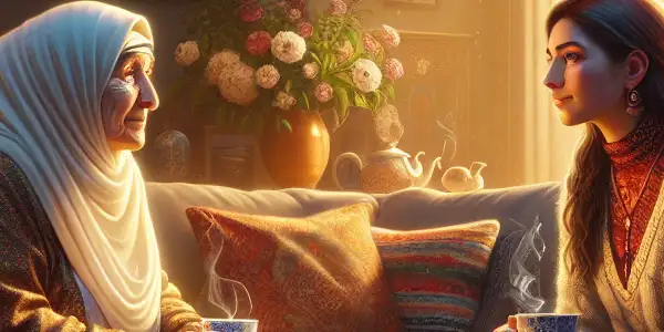 A mother-in-law and daughter-in-law share a warm moment over tea in a cozy, family-decorated living room.