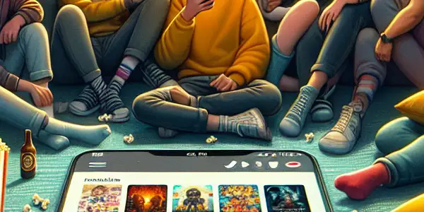 A cozy living room where diverse friends enjoy movies on a smartphone, surrounded by snacks and a warm atmosphere.