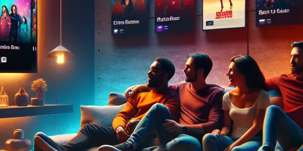 A cozy home theater scene with diverse people enjoying a movie, featuring a smart TV and popcorn.