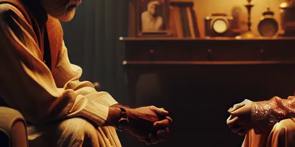 A tense living room scene featuring a contemplative father-in-law and a determined daughter-in-law, highlighting family conflict.