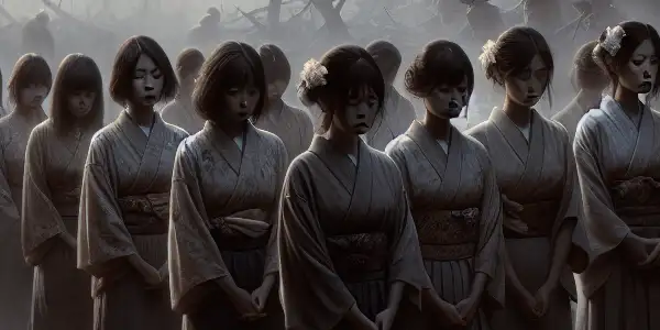 A group of sorrowful young women in traditional Japanese attire stands together in a desolate wartime setting, symbolizing resilience.