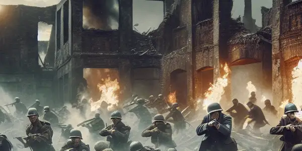 A group of soldiers defends the Sihang Warehouse during the intense Battle of Shanghai in 1937.
