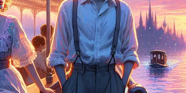 A romantic twilight scene on a steamboat, featuring a hopeful young man and a longing young woman surrounded by cherry blossoms.