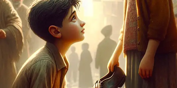 A heartwarming moment between two siblings in a sunlit Iranian alley, sharing a pair of worn-out shoes.