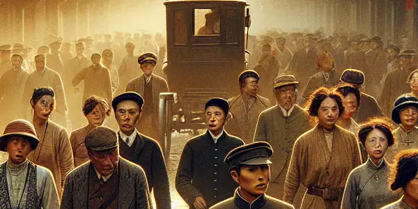 A vibrant early 20th-century Shanghai street scene depicting diverse characters gathering for a clandestine meeting in 1921.